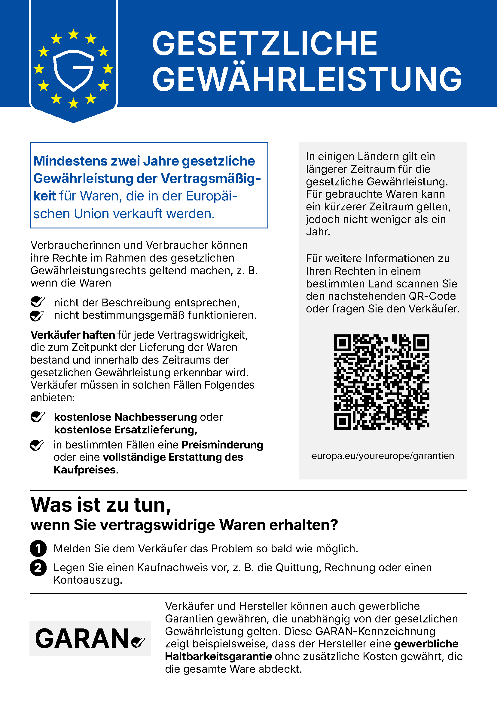 Harmonisierte EU-Mitteilung über das gesetzliche Gewährleistungsrecht: mindestens zwei Jahre gesetzliche Gewährleistung beim Kauf von Waren