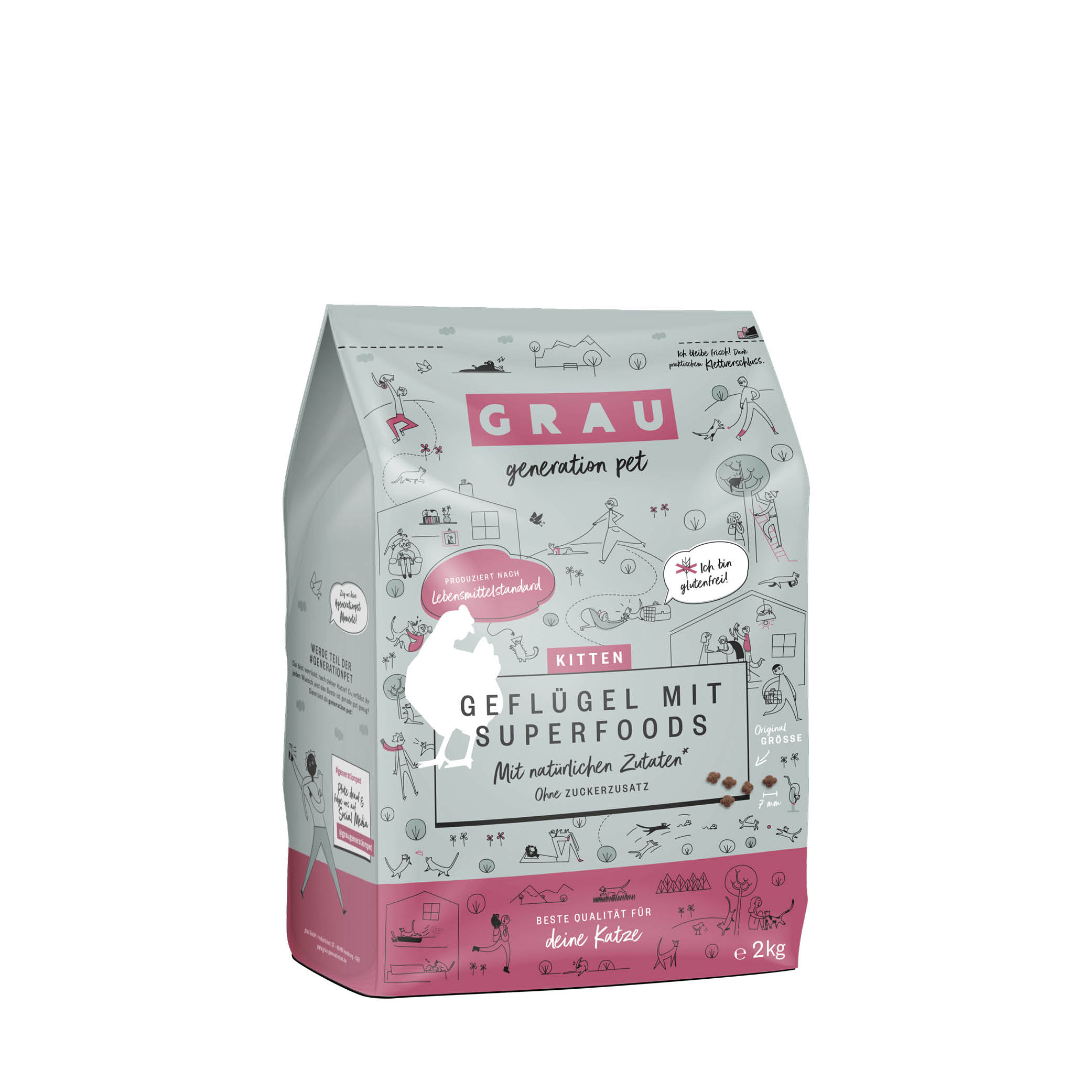 Grau Trockenfutter - KATZE - KITTEN- GEFLÜGEL mit SUPERFOODS  2 kg