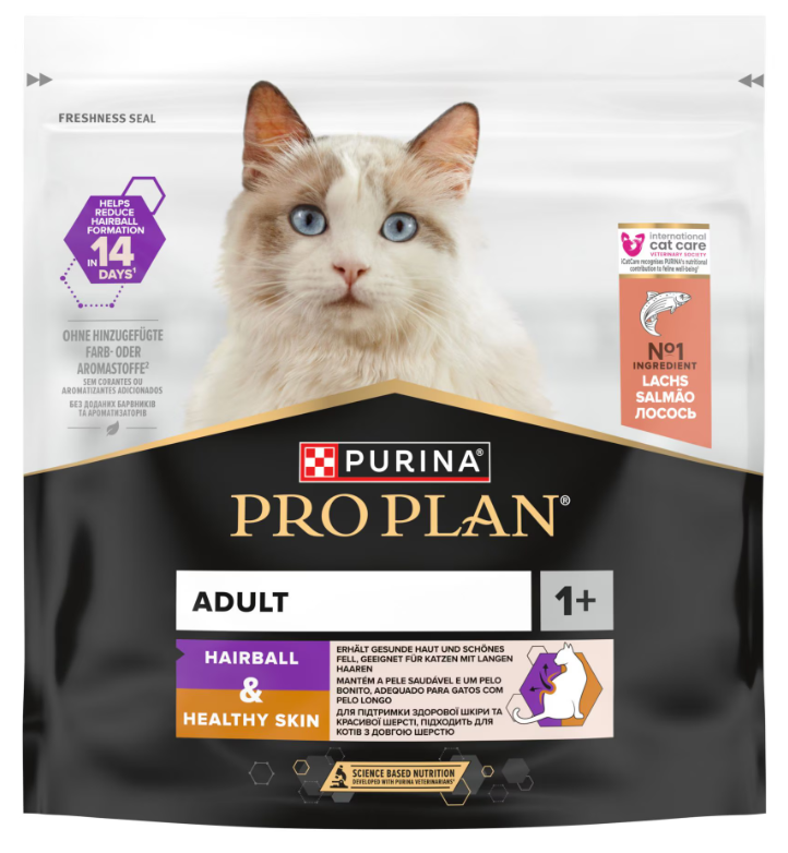 Purina - Pro Plan ADULT HAIRBALL & HEALTHY SKIN - reich an LACHS - Trockenfutter KATZE - Beutel - 400 g