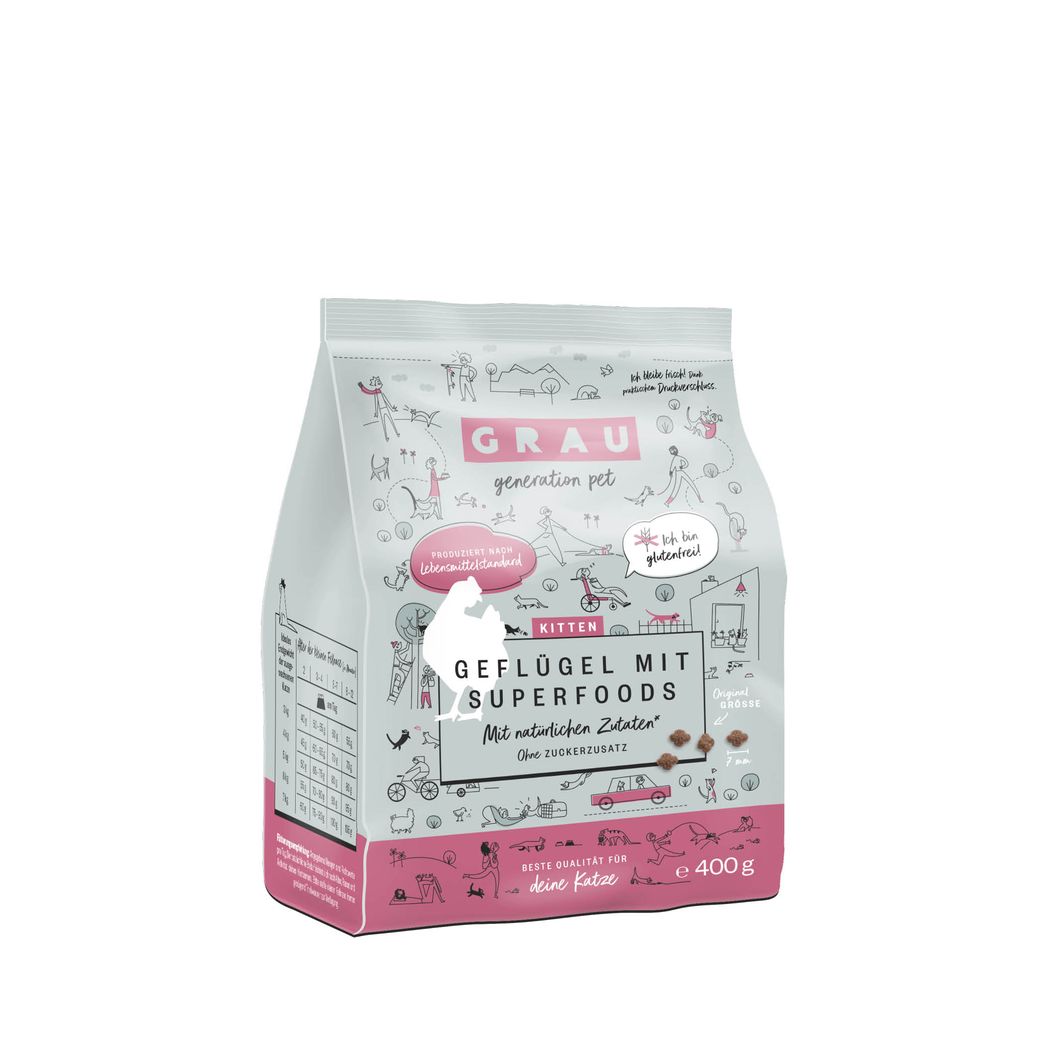 Grau Trockenfutter - KATZE - KITTEN- GEFLÜGEL mit SUPERFOODS  400 g